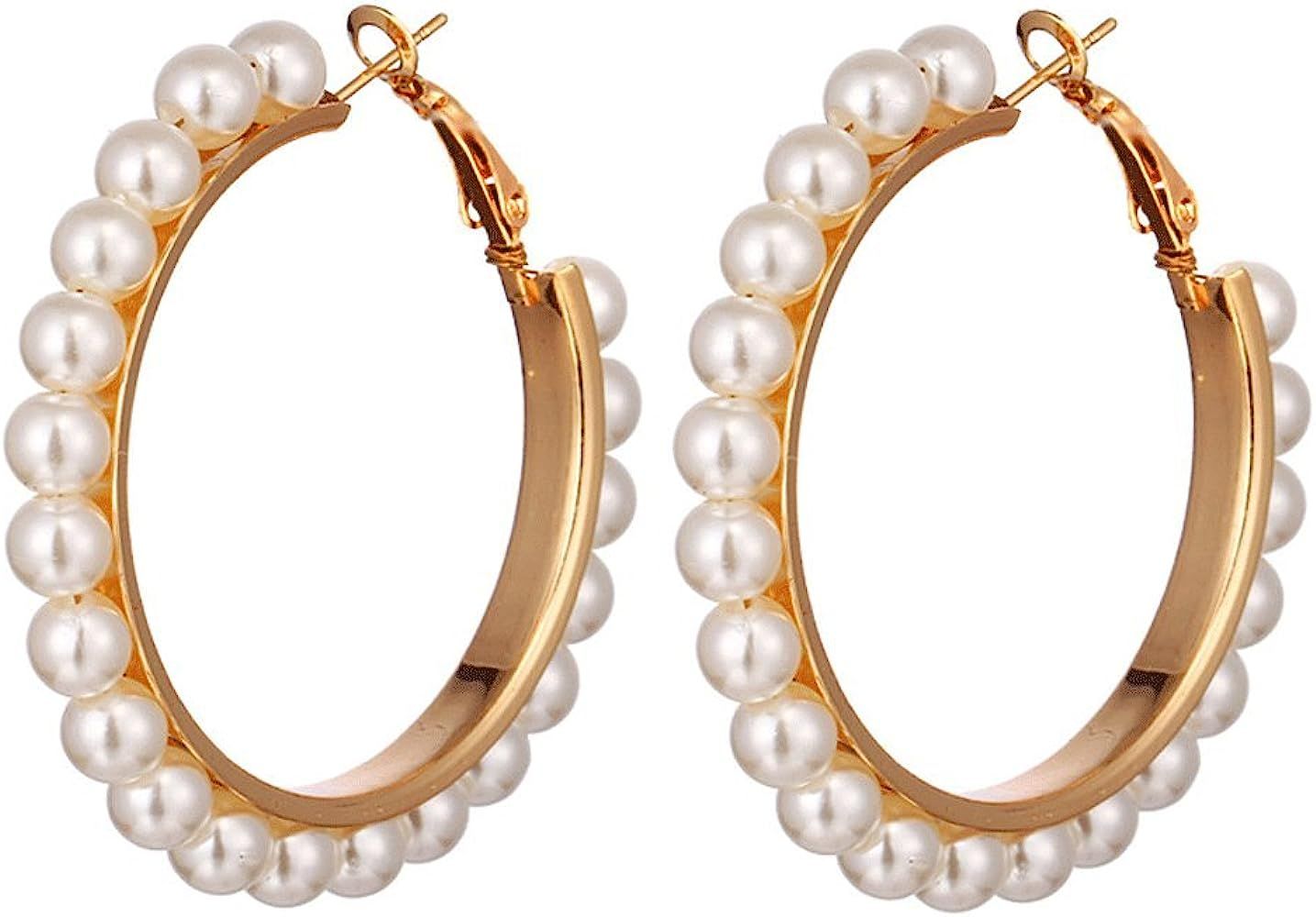 Pearl Hoop Earrings for Women Teens Lovely Pearl Beaded Hoop Gold Earring | Amazon (US)