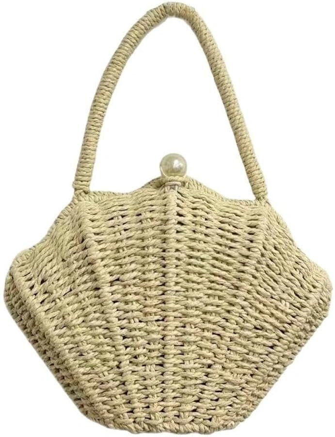 Straw Shell Pearl Handheld Bag for Women, Summer Vacation Style Woven Bag,Crossbody Straps for Ha... | Amazon (US)