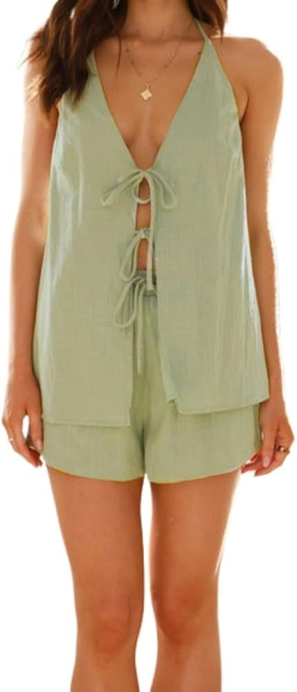 Linen Set for Women - 2 Piece Suits Set Linen Tie Front Top Linen Vest Women Y2k Backless Tank To... | Amazon (US)