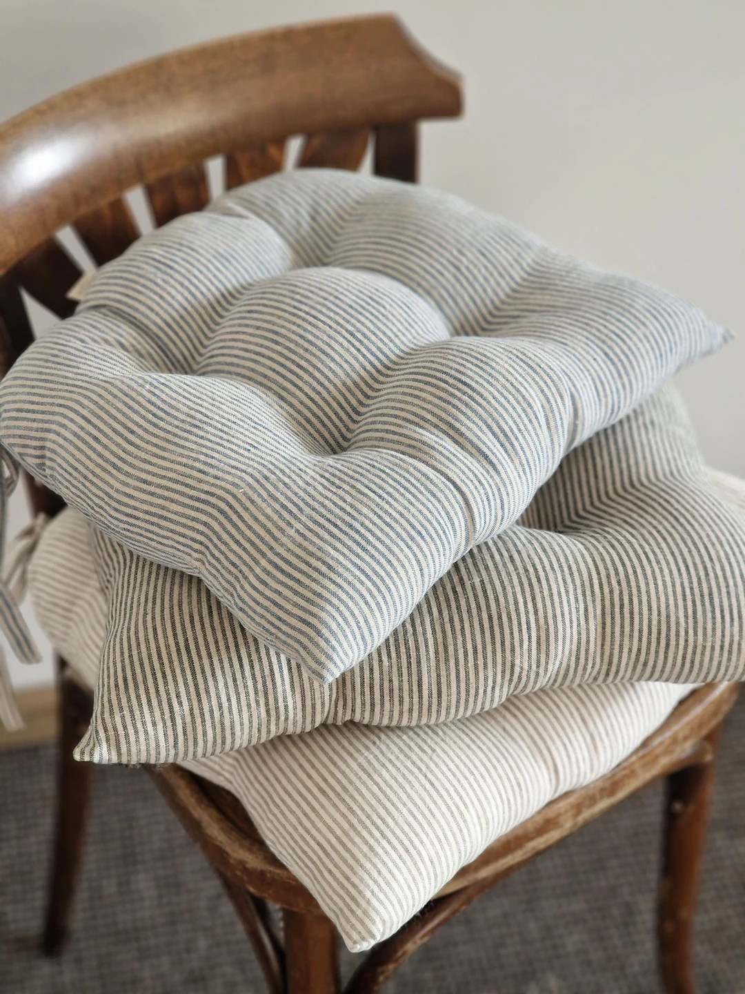 U-shape Striped Linen Chair Cushion With Ties - Etsy | Etsy (US)