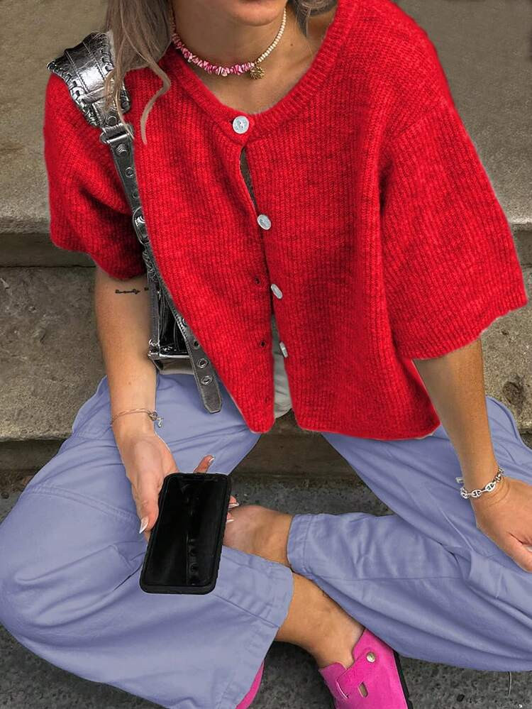 Women's Casual Solid Color Short Sleeve Cardigan, Young Girl's Knit Crew Neck Sweater, 2025 Minimalist Fashion Street Style, With Ribbed Design Details Button Closure, Soft & Delicate Wool Texture, Autumn/Winter Women Clothing | SHEIN