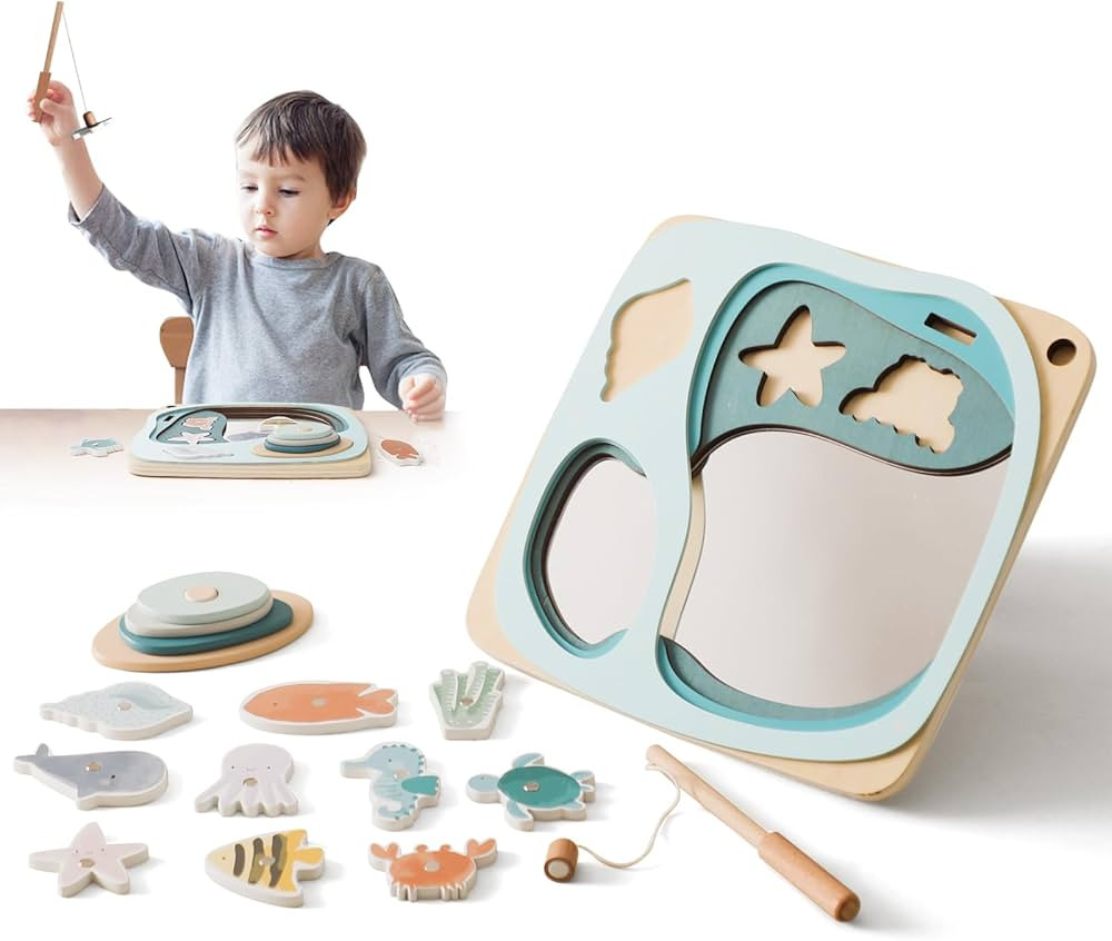 bopoobo Magnetic Fishing Game Wooden Montessori Fishing Toy with Mirror Lake Color Ocean Sea Anim... | Amazon (US)