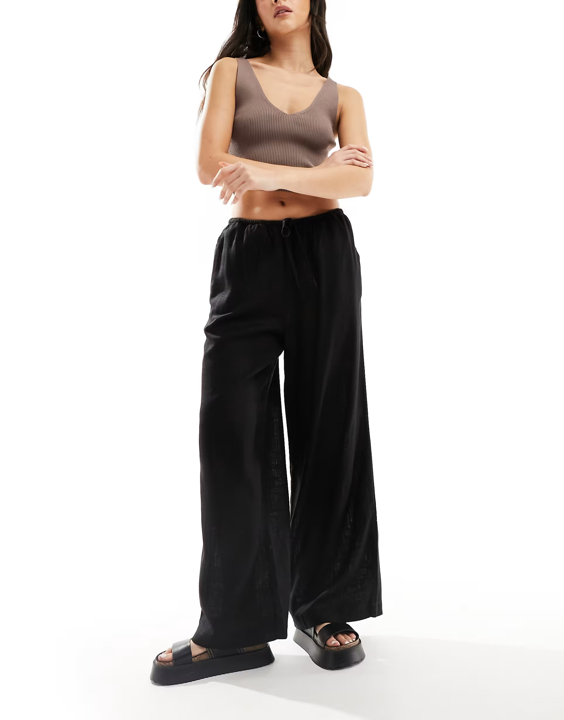 ASOS DESIGN wide leg pull on trouser with linen in black | ASOS | ASOS (Global)