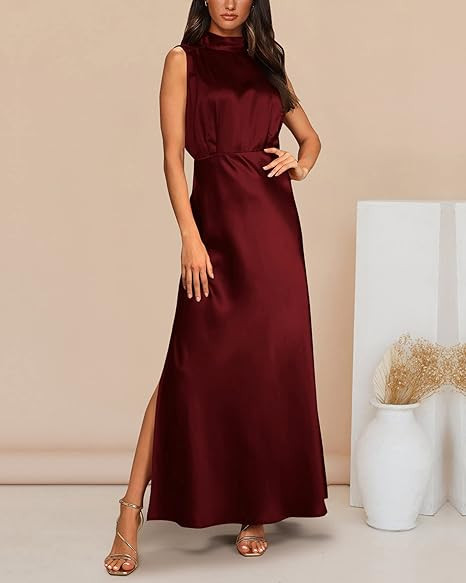 BTFBM Women Sleeveless Mock Neck Cocktail Dresses Keyhole Elastic Waist Party Wedding Guest Satin... | Amazon (US)