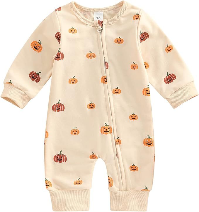 AEEMCEM Newborn Baby Boy Girl Halloween Outfit Pumpkin Long Sleeve Romper Jumpsuit Zipper Onesies... | Amazon (US)