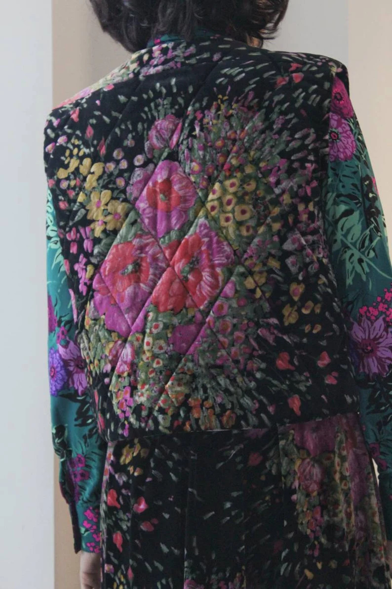 Vintage 70s flowers velvet vest and long skirt coordinated set | Etsy (US)