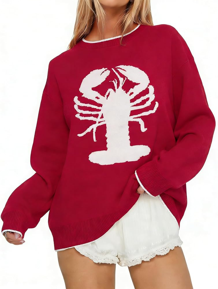 Graphic Sweaters for Women Lobster Graphic Pullover Knitted Sweater Vintage Crewneck Sweatshirt C... | Amazon (US)
