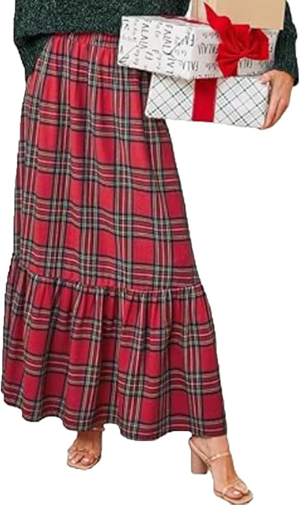 CUPSHE Women Skirts Plaid Ruffled Maxi Skirt Holiday High-Rise Waist Long Skirt | Amazon (US)