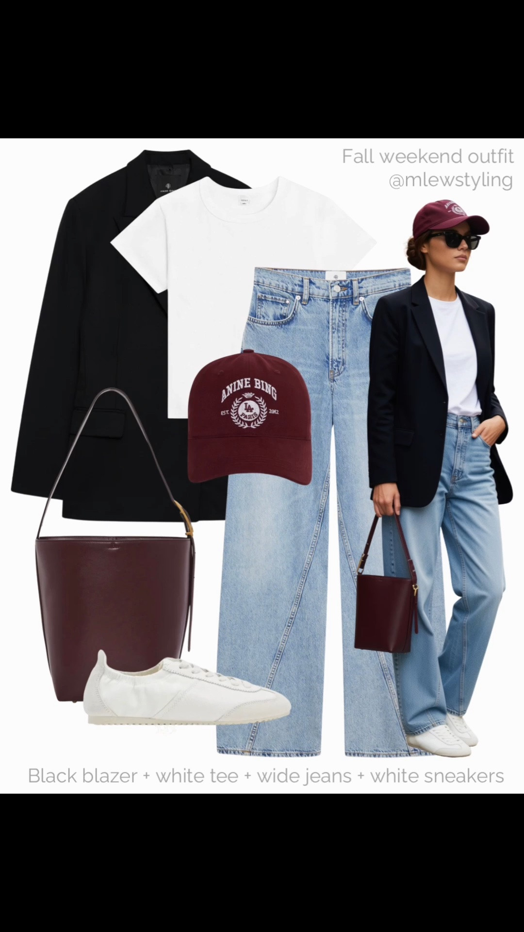 Casual fall weekend 🤍

Tags: late summer outfit, Zara wide leg jeans, black blazer, white tee, burgundy bag, anine bing baseball cap, white sneakers, outfit formulas

#LTKjeans #LTKfall #LTKsummer