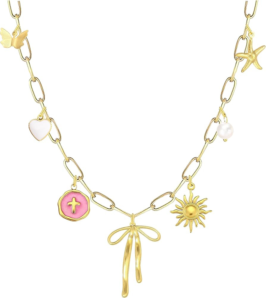 Gold Charm Necklace for Women Red Heart Cherry Strawberry Pearl Bow Cross Charms Valentines Day G... | Amazon (US)