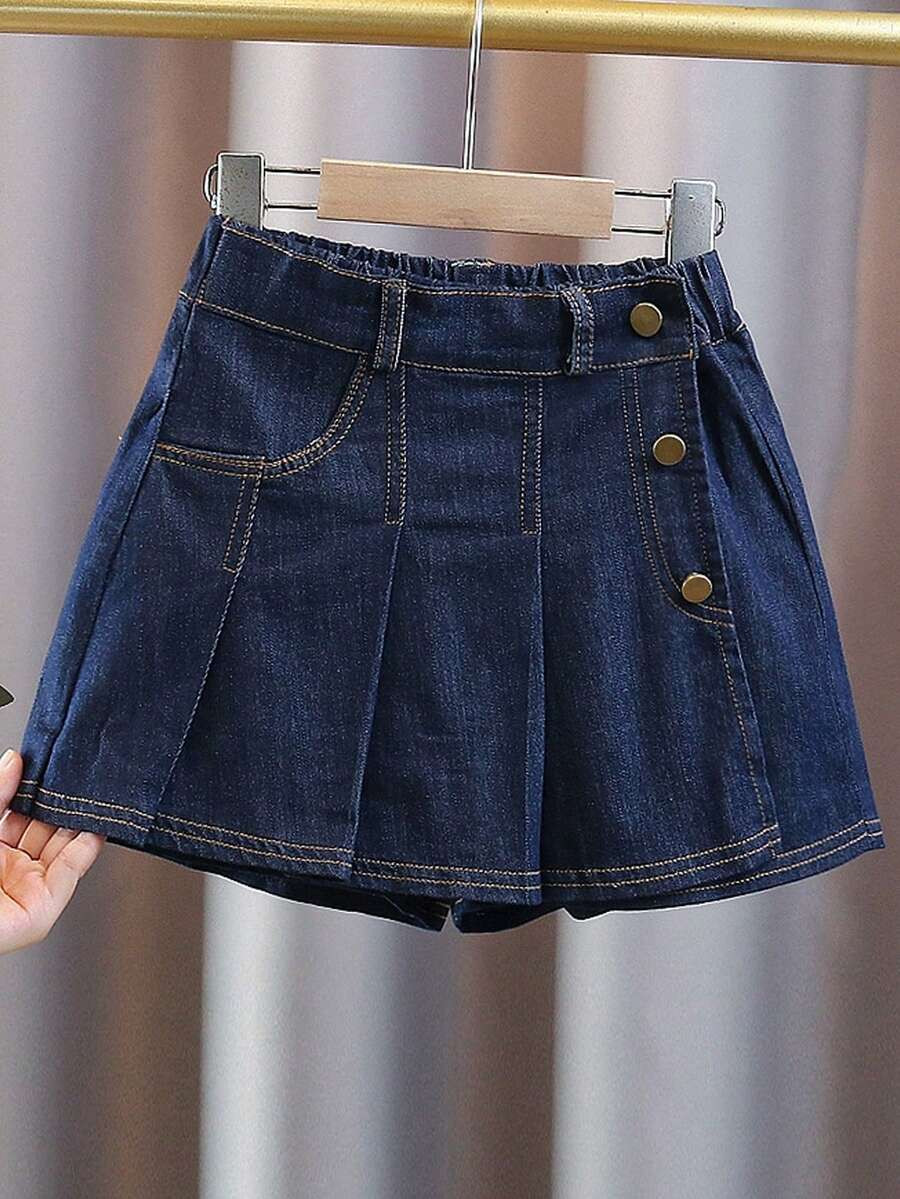 Tween Girls' Versatile Pleated Denim Shorts Skirt, Summer | SHEIN