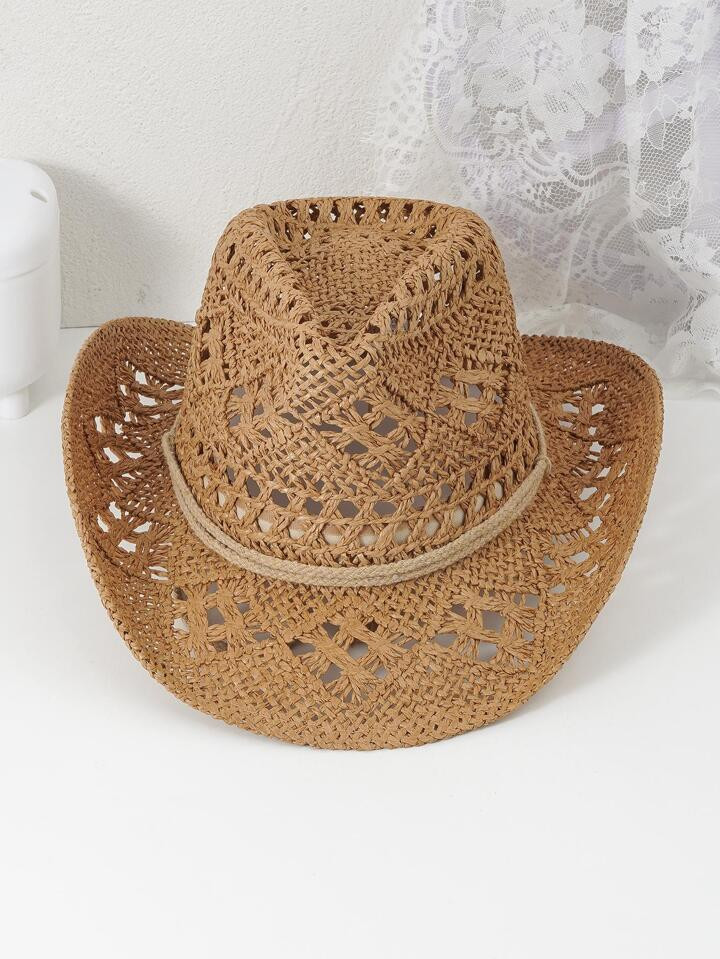 1pc Hallow Flower Pattern Hollow Out Beach Straw Hat, Hand-made Western Cowboy Style Large Gift H... | SHEIN
