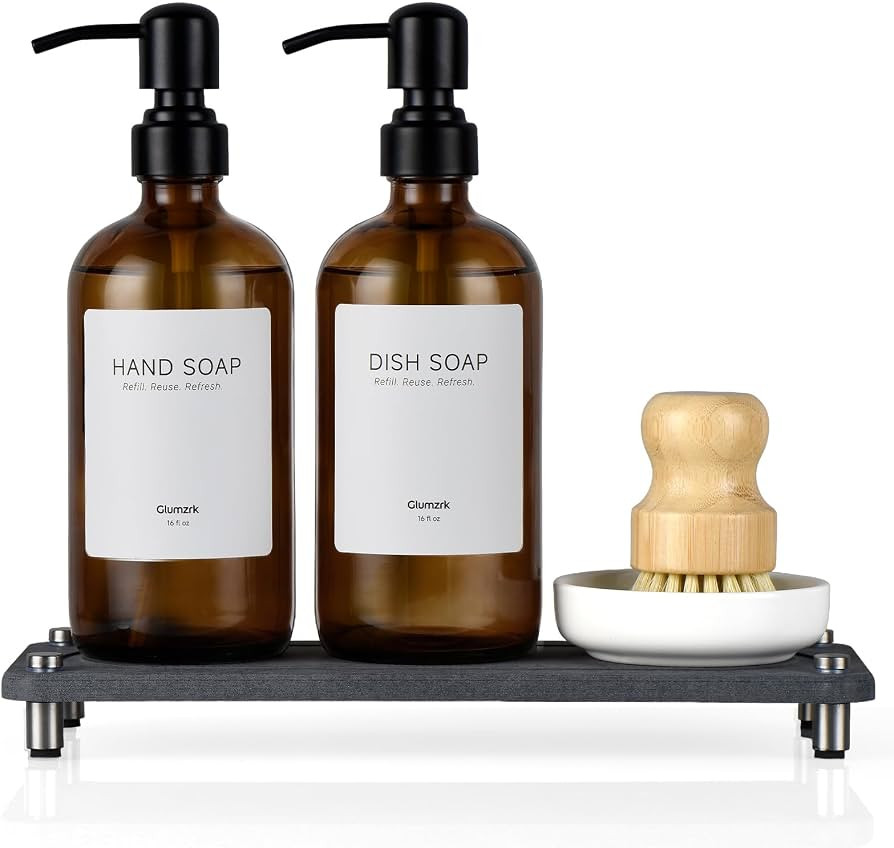2 Pack Kitchen Soap Dispenser Set - 16oz Amber Glass Dish and Hand Soap Dispenser with Stainless ... | Amazon (US)