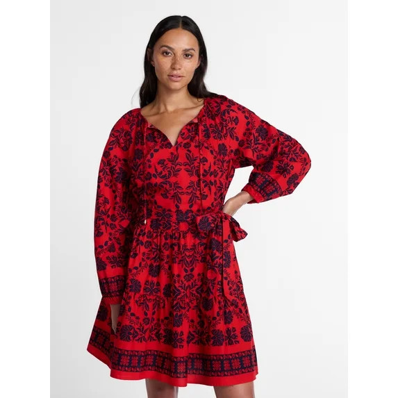 Time and Tru Women's and Women’s Plus Tie Neck Mini Peasant Dress, Sizes XS – 4X | Walmart (US)