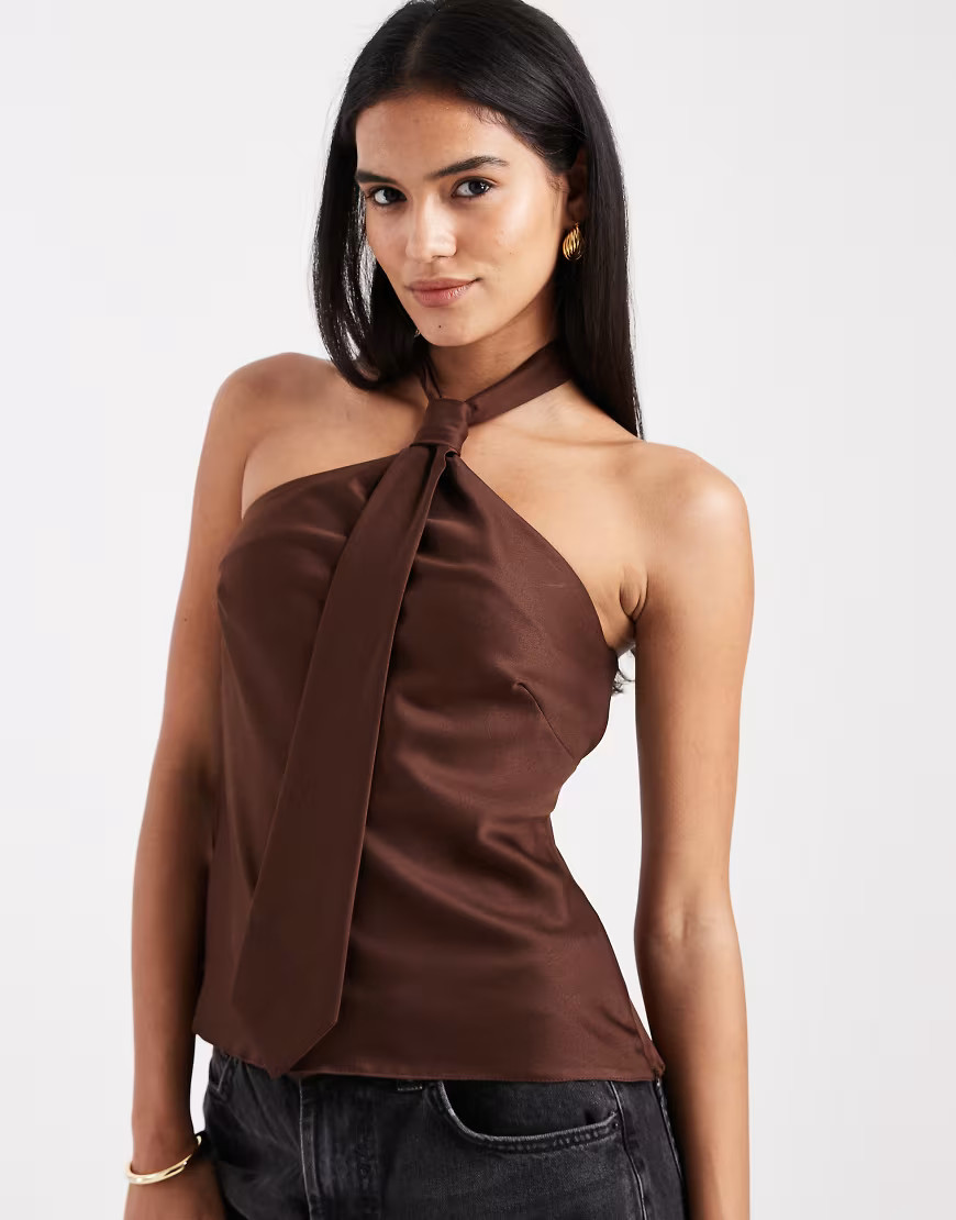 ASOS DESIGN satin halter top with tie detail in brown | ASOS (Global)