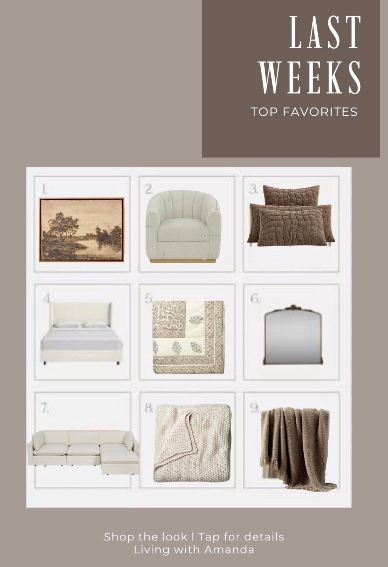 Last week’s top sellers you loved most 🤍
	•	Full-length floor mirror (perfect for bedrooms & entryways)
	•	The Tilly upholstered bed – a timeless favorite
	•	Cozy Pottery Barn quilt for layering
	•	Chunky Target throw blanket for effortless style

These finds are trending for a reason—they’re classic, cozy, and versatile. Shop the look and bring the same best-selling pieces into your home.

#LTKTopSellers #BedroomStyle #HomeDecorFavorites #FloorMirror #PotteryBarnQuilt #TargetFinds

#LTKHome #LTKSeasonal #LTKFallSale

#LTKSeasonal #LTKHome

#LTKHome #LTKSaleAlert #LTKSeasonal