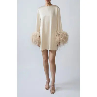 LAPOINTE Satin Shift Dress With Feathers in Sand at Nordstrom, Size Small | Nordstrom