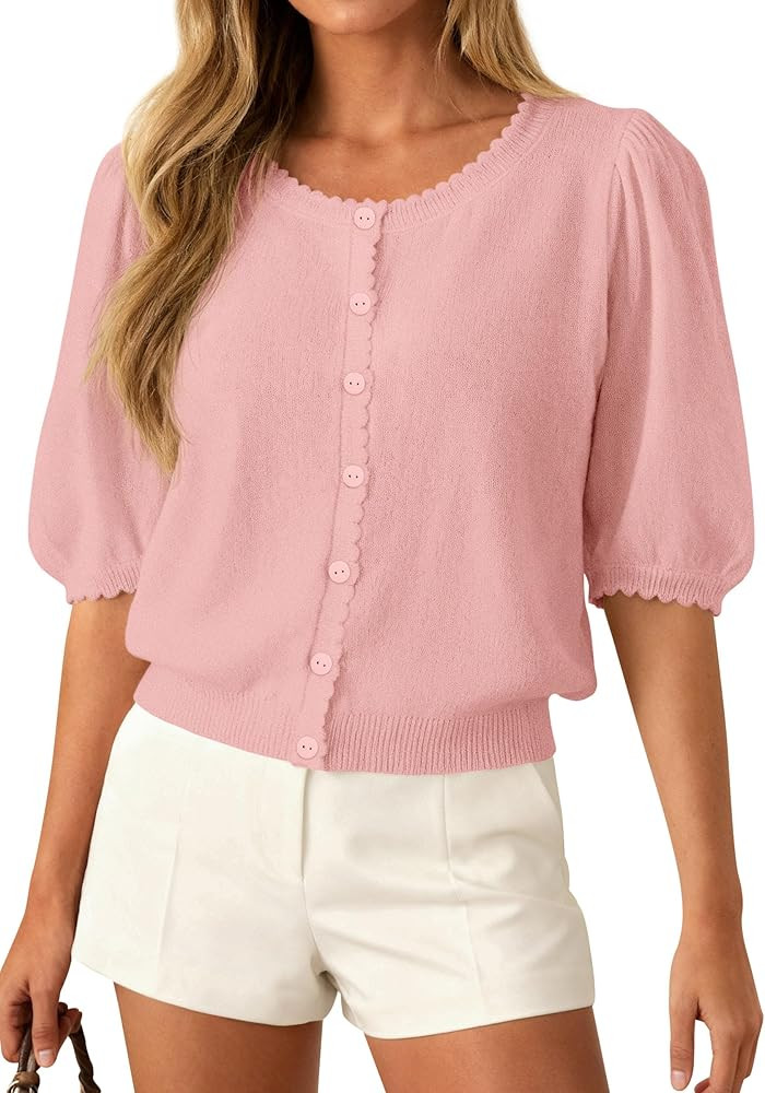 PRETTYGARDEN Puff Short Sleeve Cardigans for Women Lightweight 2026 Summer Shirts Button Up Knit ... | Amazon (US)