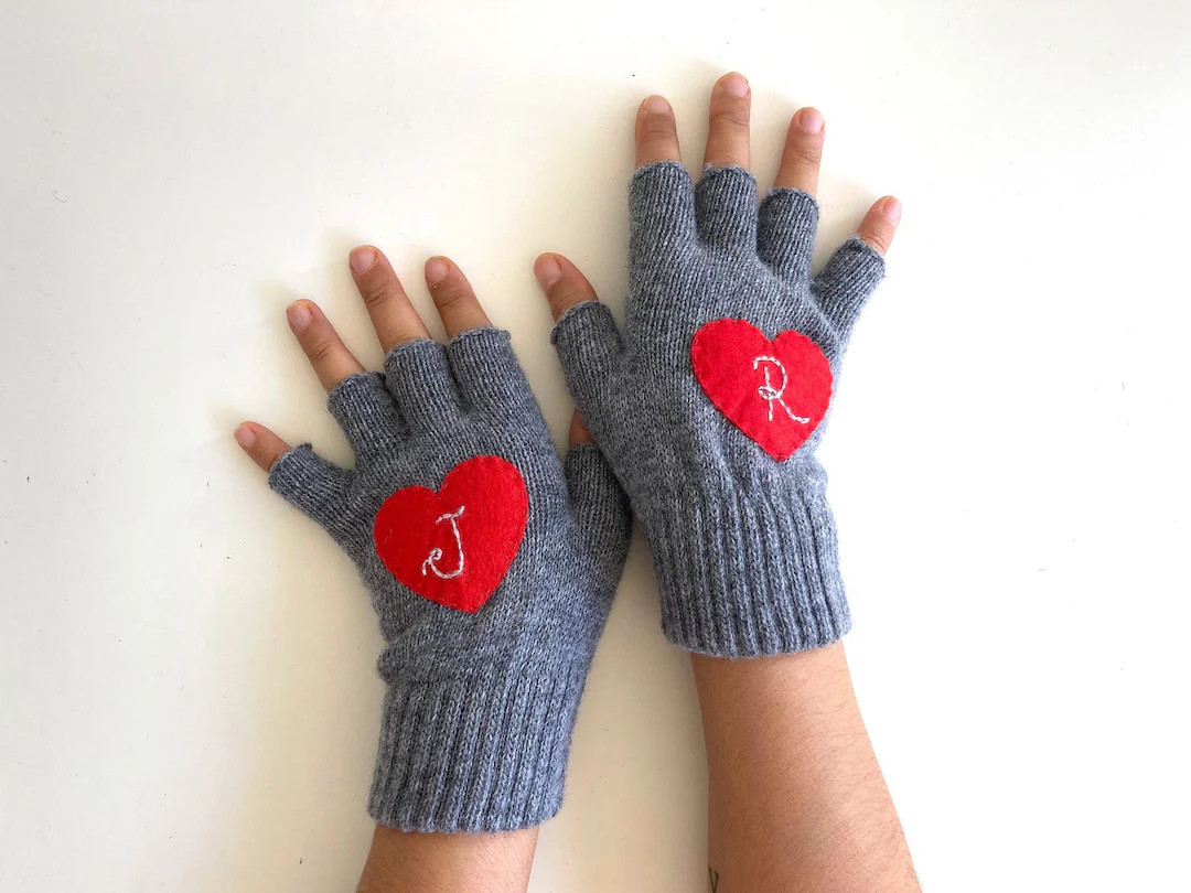 Personalized Clothing: Wool Fingerless Heart Gloves, Christmas Winter Style Gift, Monogram Holida... | Etsy (US)