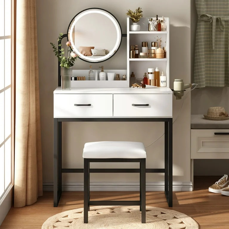 VEANERWOOD Makeup Vanity Set with Lights and Round Mirror, Modern Vanity Table with Drawers and H... | Walmart (US)