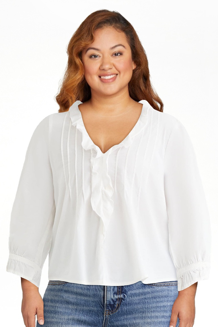 Time and Tru Women's Ruffle Neck Blouse with 3/4-Length Sleeves, Sizes XS-XXXL | Walmart (US)