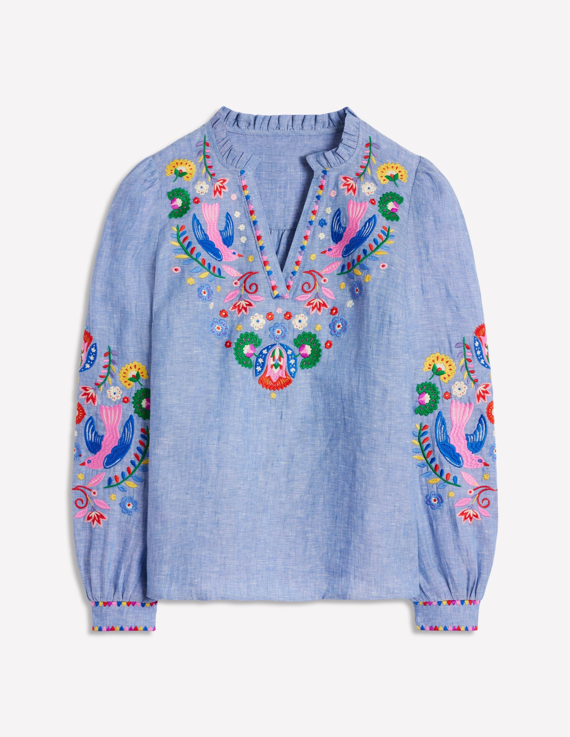 Grace Linen Top-Chambray, Embroidered Birds | Boden (US)