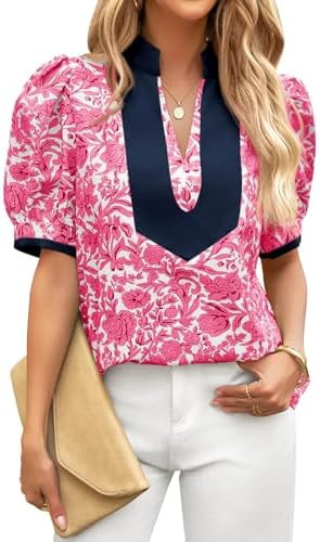 Cicy Bell Womens Floral Short Puff Sleeve Blouses V Neck Patchwork Boho Summer Tops Dressy Casual... | Amazon (US)