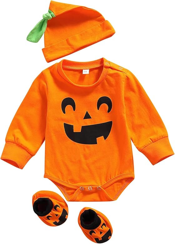 Baby Boy Girl Halloween Costume Pumpkin Face Print Romper Bodysuit with Hat 3Pcs Outfit Set | Amazon (US)