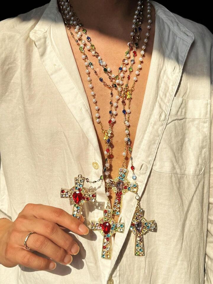 1pc Elegant Vintage High-End Unique Victoria Style Luxurious Sparkling Versatile Multicolored Plus Size (Random Crystal) Cross Beaded Faux Pearl Y-Shaped Long Necklace, Women's Daily/Holiday/Party Jewelry | SHEIN