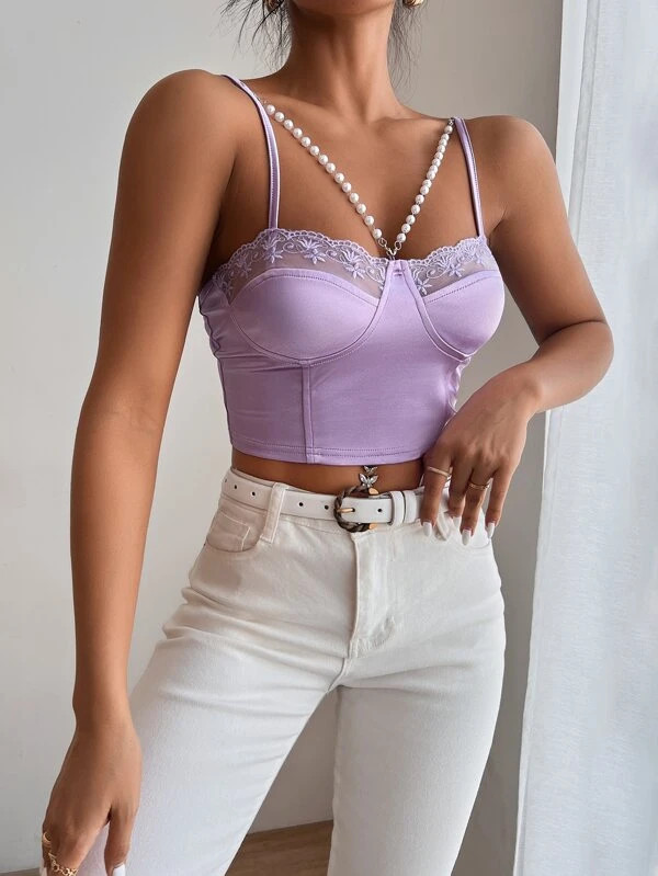 Lace Trim Pearl Detail Crop Cami Top | SHEIN