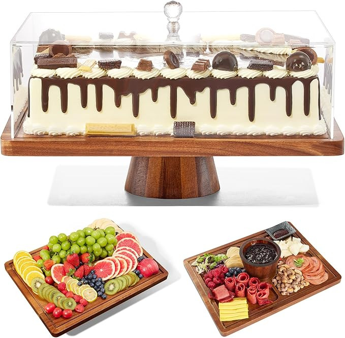 Cake Stand with Lid-Acacia Wood Cake Stand,2-in-1 Shatterproof Serving Platter & Charcuterie Boar... | Amazon (US)