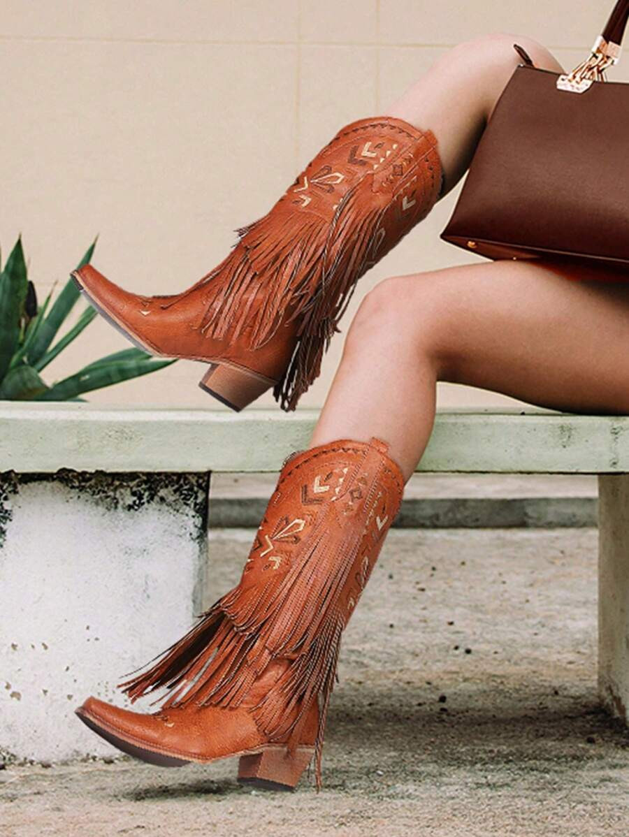 Brown Cowgirl Western Boots Fringe Tassel Chunky High Heels Mid Calf Slip On Retro Casual Fashion... | SHEIN