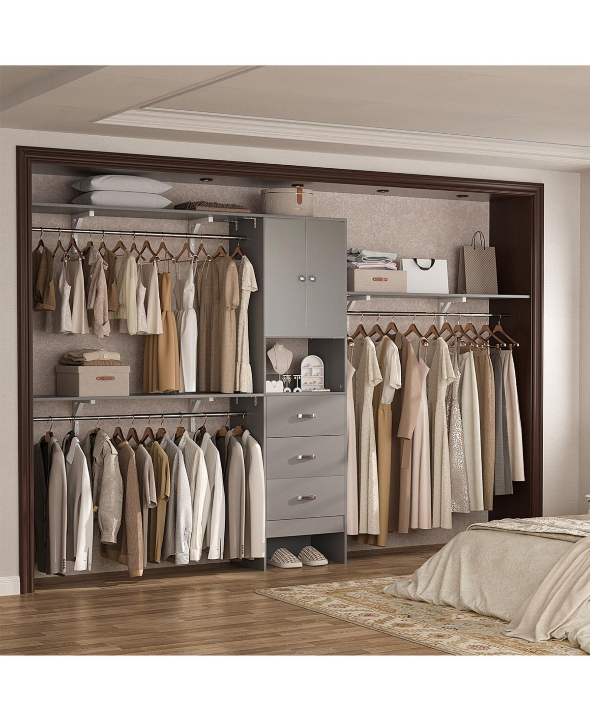 Aheaplus 10FT Closet System with 3 Drawers, 120'' Walk-in Closet Organizer System with Shelving Towers and Hanging Rods - Grey | Macy's