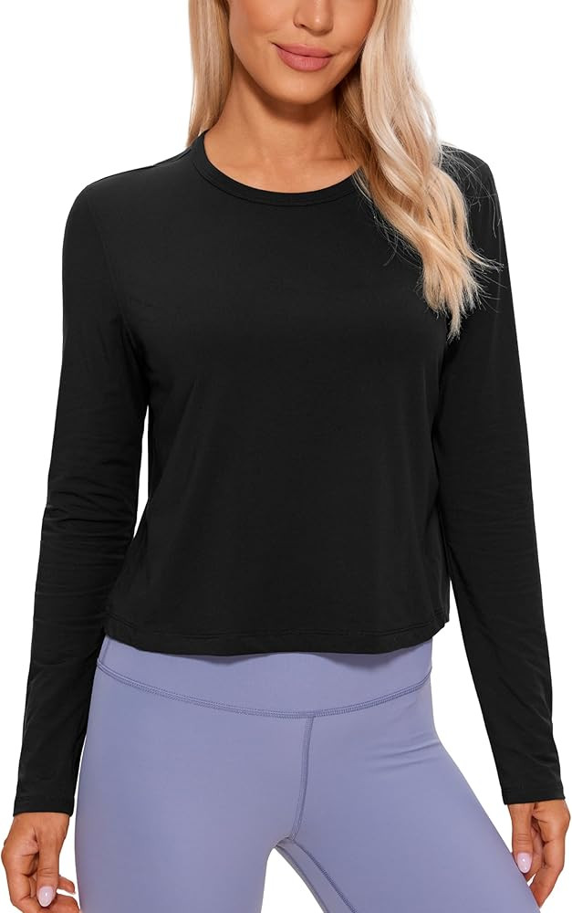 CRZ YOGA Pima Cotton Long Sleeve Workout Shirts for Women Loose Cropped Tops Athletic Sports T-Sh... | Amazon (US)