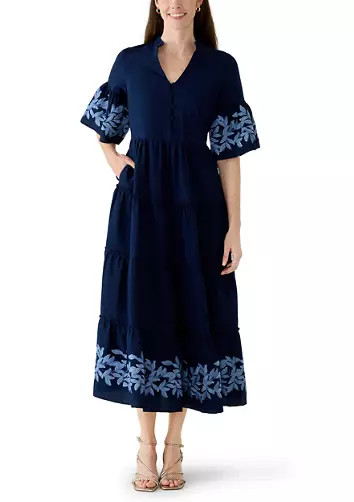 Women's Elbow Sleeve Multi Tiered Embroidered Midi Dress | Belk