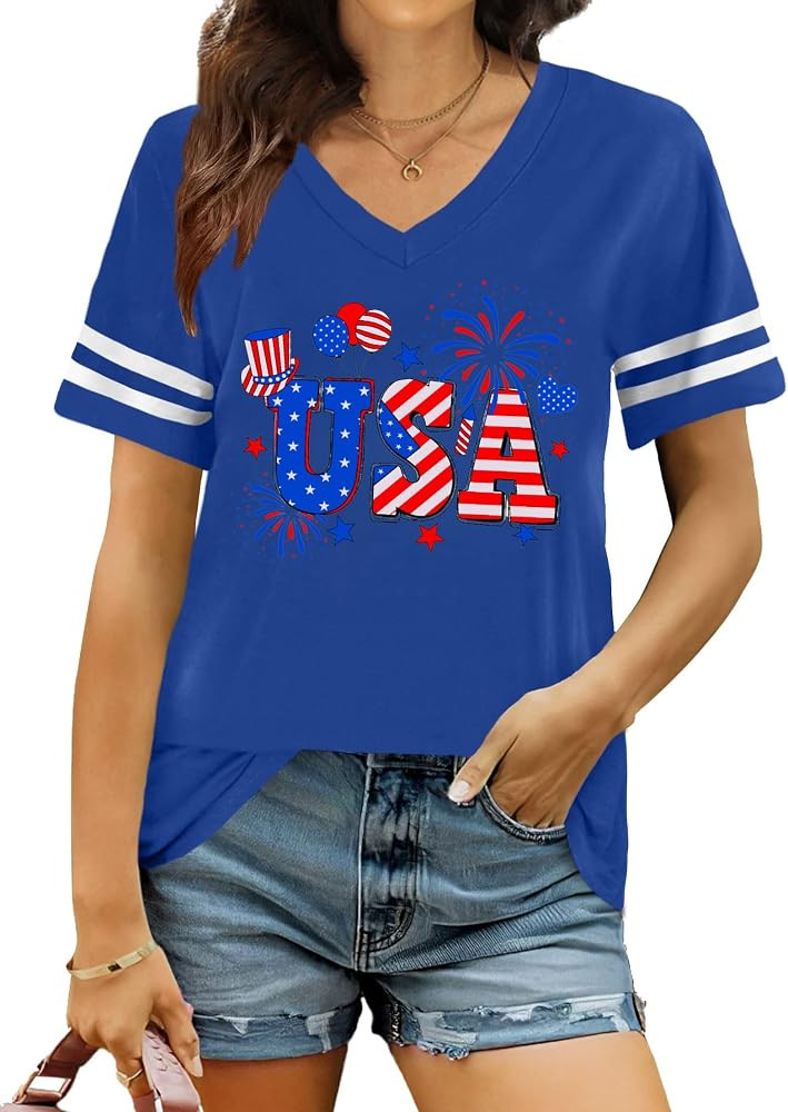 4th of July Shirts Women USA Shirts Fourth of July Patriotic Shirt American Flag T-Shirt Independ... | Amazon (US)