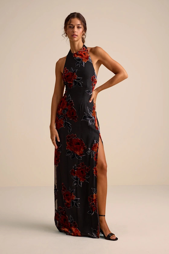 Karima Black Velvet Floral Burnout Halter Maxi Dress | Lulus