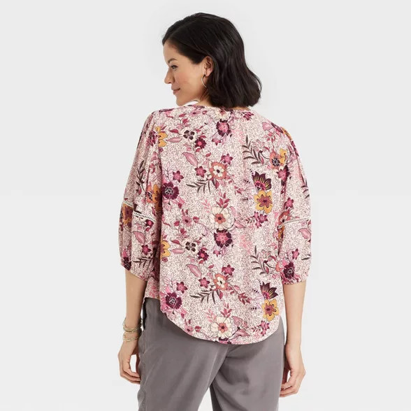 Women's Floral Print 3/4 Sleeve Button-Front Top - Knox Rose™ Ivory | Target