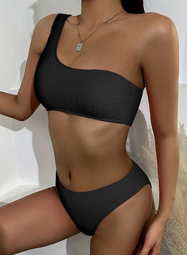 Astylish Womens Two Pieces Bikini One Shoulder Bandeau High Cut Swimwear Padded Bathing Suit | Amazon (US)