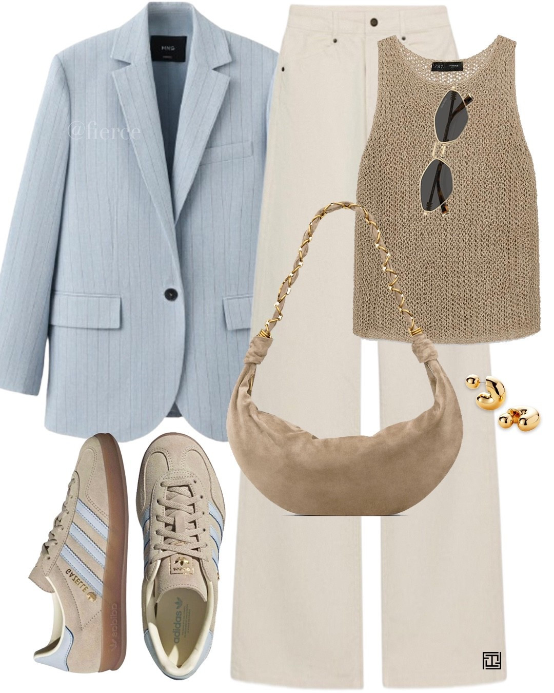 Blue pinstriped blazer cream jeans taupe beige crochet top adidas gazelle casual chic outfit 

#LTKuk #LTKsummer #LTKspring
