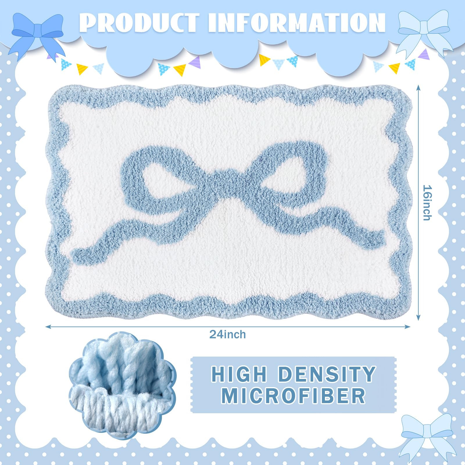 Scalloped Bow Bathroom Mat Non Slip Coquette Bow Rug Cute Aesthetic Scallop Carpet Preppy Room Decor Microfiber Absorbent Bath Rug for Bathroom Bathtub Shower Bedroom(Blue,16" X 24") | Amazon (US)