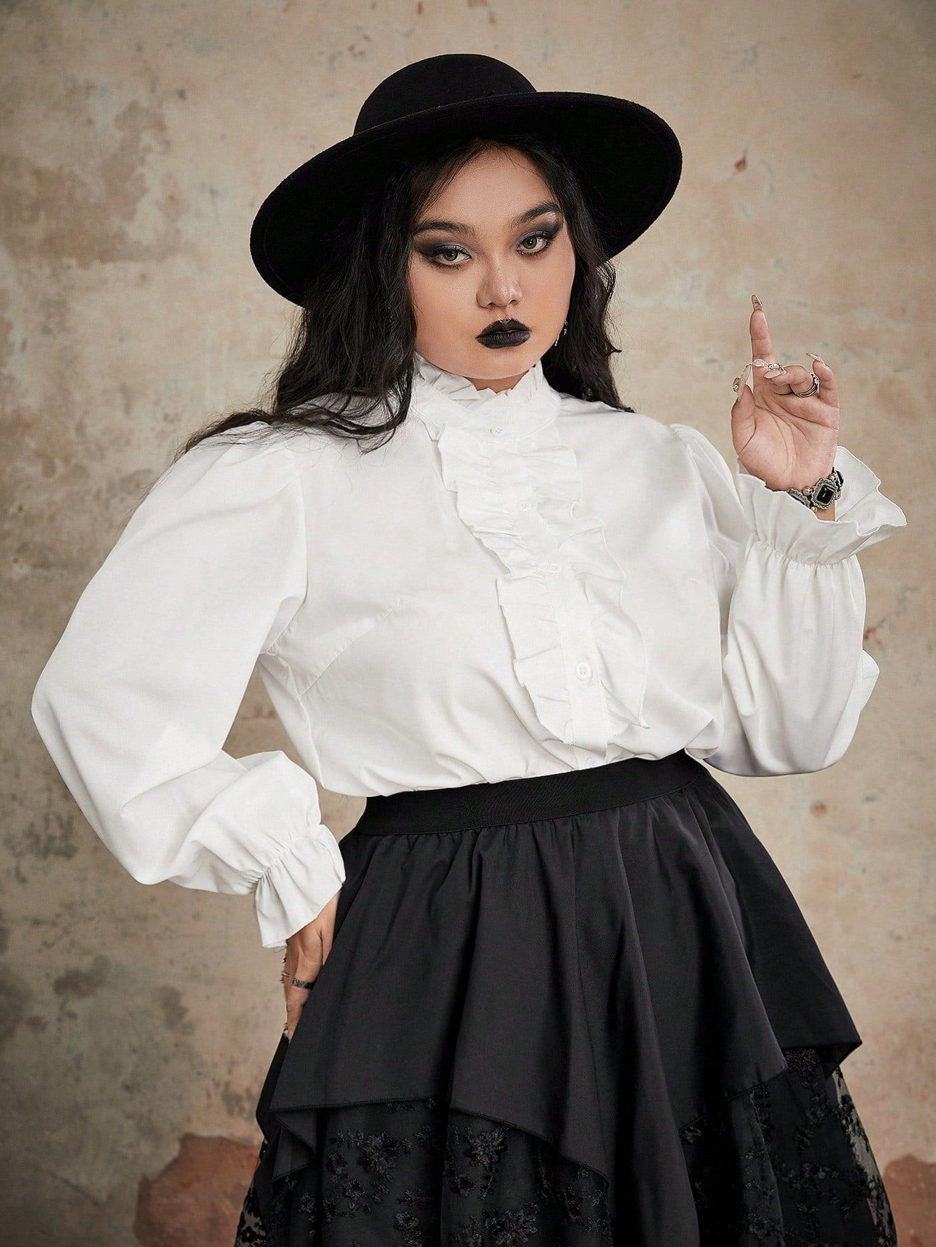 Goth Plus Ruffle Trim Shirt | SHEIN
