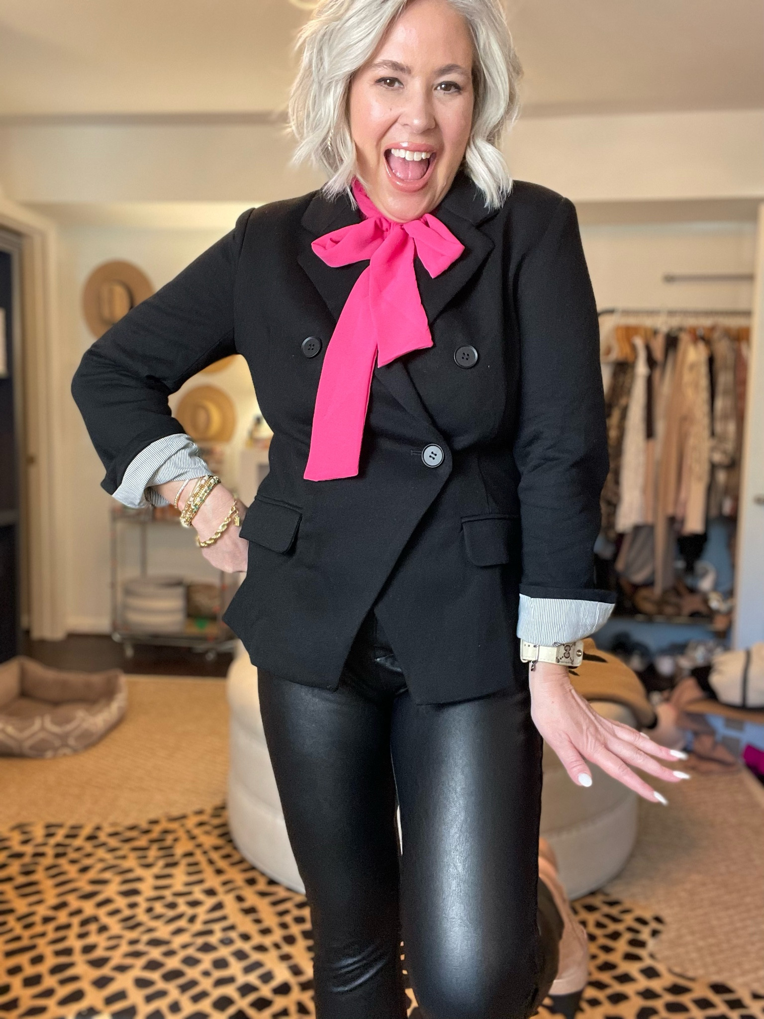 Black blazer, work outfits, NYE, pink top with bow, black leather spanx 

Code WANDA30 For 30% off blazer
Code WANDAXSPANX for black leather pants, leggings 

#LTKSeasonal #LTKHoliday #LTKFind