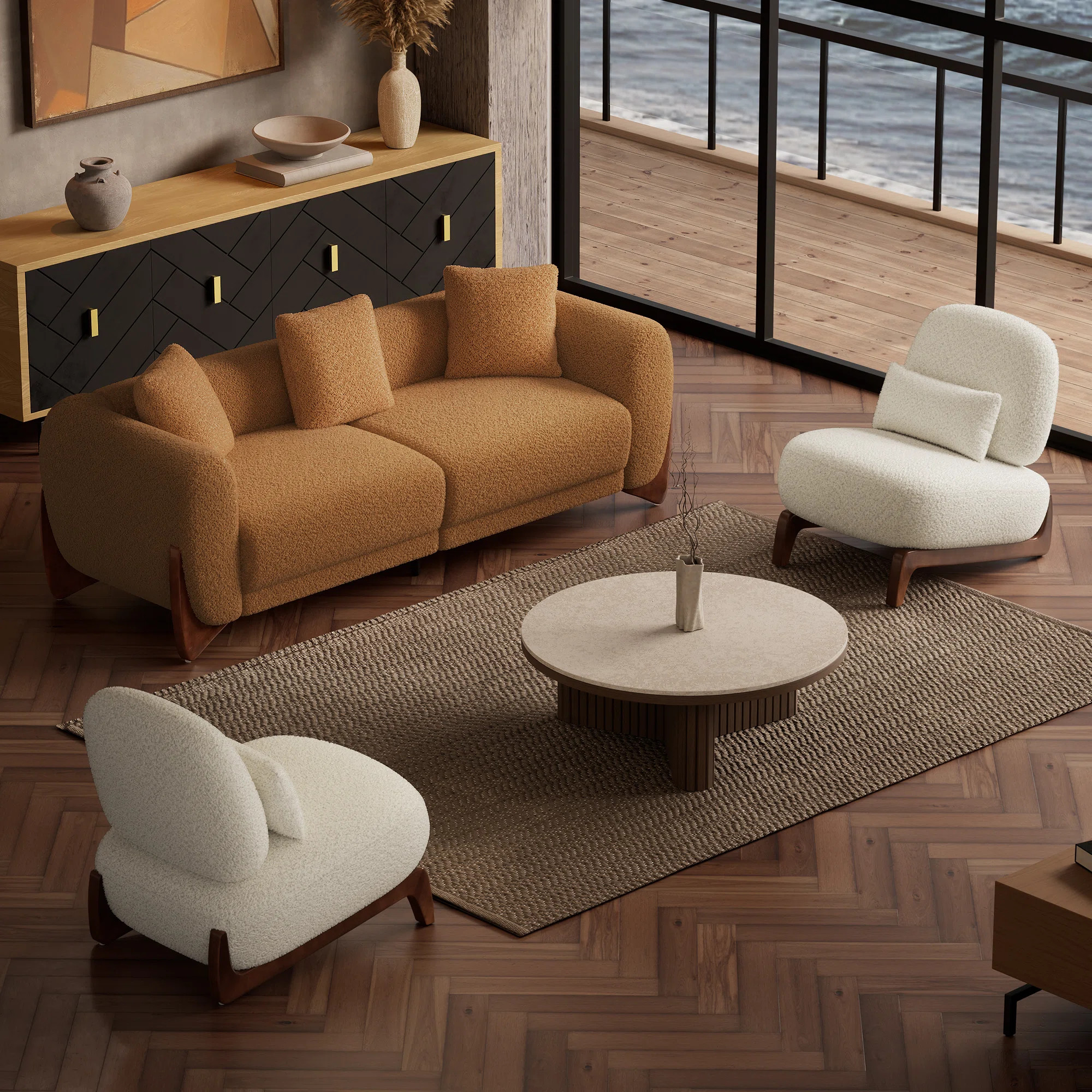 3 Piece Living Room Set,  Minimalist Faux Shearing Upholstered Sofa And Accent Chair For Living R... | Wayfair North America