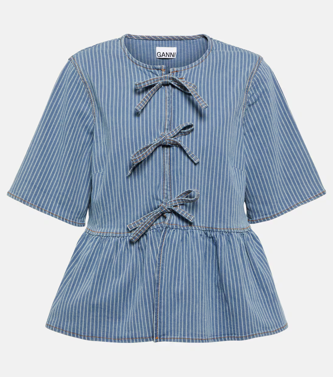 Striped bow-trimmed peplum denim blouse | Mytheresa (INTL)