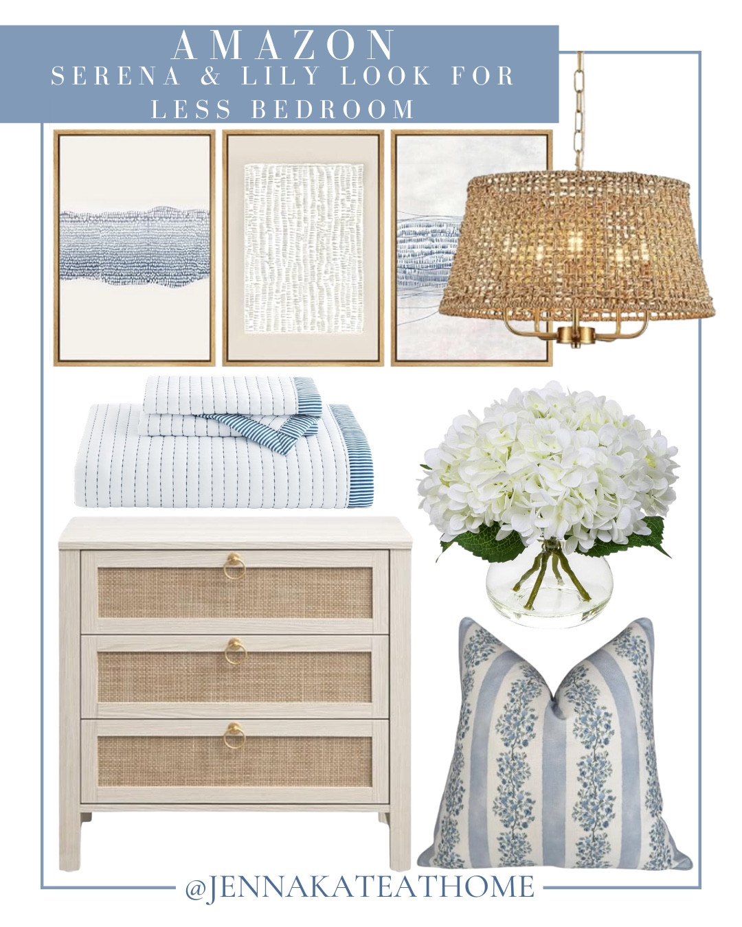 Amazon Serena & Lily looks for less for your bedroom includes throw pillow, faux florals, end table, light fixture, quilt, and wall art.

Bedroom, coastal decor, looks for less, home decor, bedroom decor

#LTKSeasonal #LTKSaleAlert #LTKHome