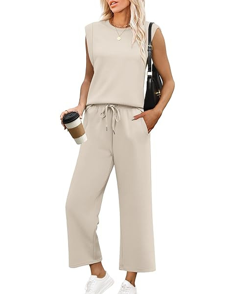 SAMPEEL Two Piece Sets for Women Summer Outfits Lounge Sets Mock Neck Tops Wide Leg Crop Pants Va... | Amazon (US)