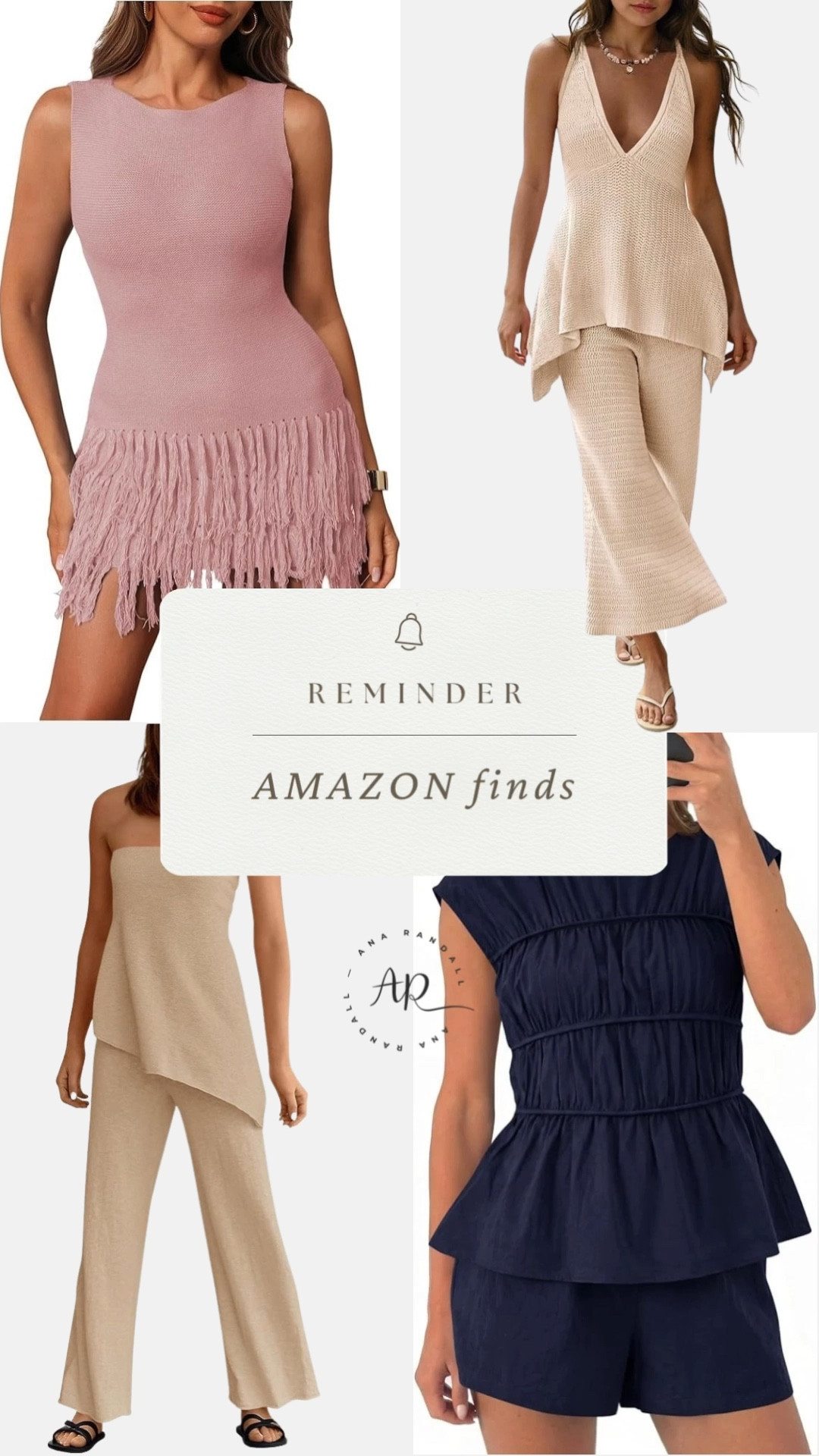 Amazon finds I’m loving lately 🤍

These are the kind of pieces I love having in my closet — easy, feminine, and comfortable for real life. As a mom, I’m always looking for outfits that feel put together without trying too hard, and these are exactly that.

Pieces in this collage:
• fringe knit mini dress
• beige knit matching set (tank + wide‑leg pants)
• textured halter top with pants set
• strapless knit top with pants set
• navy peplum top and shorts set

Everything is linked on my LTK for you 🤍

XOXO,
Ana Randall 💗

#LTKOver40 #LTKdayinmylife #LTKmomlife