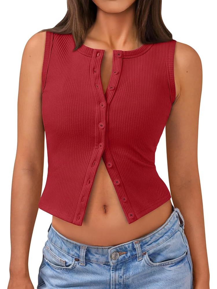 Trendy Queen Womens Ribbed Button Down Sleeveless Shirts Summer Going Out Cropped Tank Top | Amazon (US)