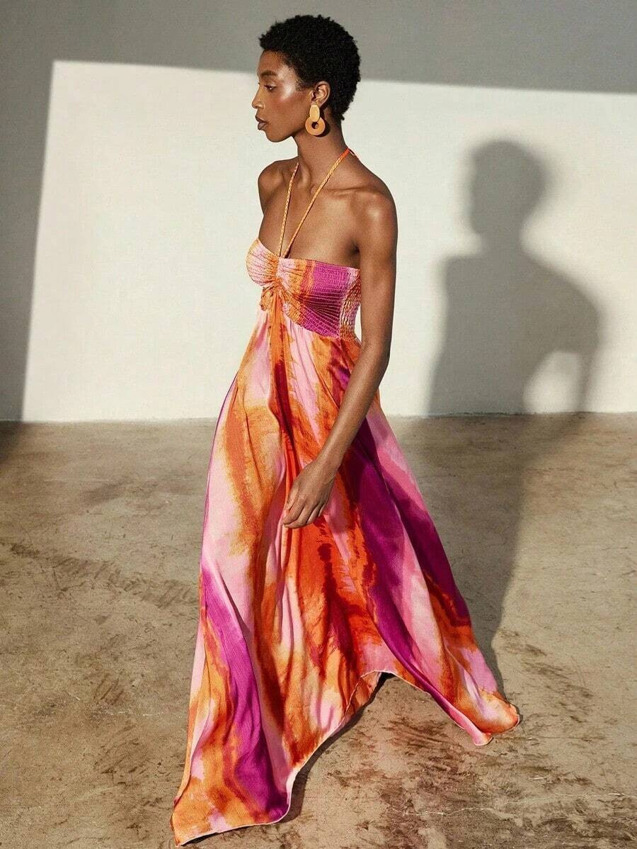LocalChiffon Tie-Dye Print Halter Neck Tie-Up Sleeveless Vacation Dress | SHEIN